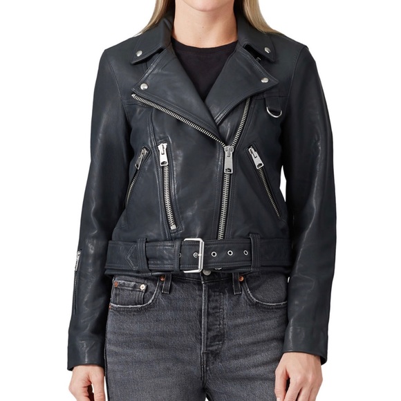 Blue All Saint Gidley Leather Biker Jacket - Picture 2 of 8